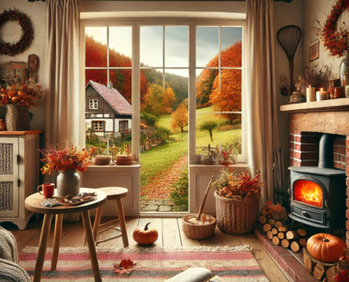 **Bildbeschreibung:** Das Bild zeigt ein einladendes, herbstlich dekoriertes Wohnzimmer in einer ländlichen Ferienwohnung. Ein Kamin mit sanftem Feuer verbreitet eine warme Atmosphäre, und rustikale Möbel, darunter ein bequemer Sessel und ein Holztisch, verstärken das gemütliche Ambiente. Durch das Fenster ist eine herbstliche Landschaft sichtbar, in der bunte Blätter den Boden bedecken und ein Pfad in nahegelegene Wälder führt. Auf dem Tisch steht ein kleiner Kürbis, der einen Hauch von Halloween-Dekor hinzufügt. **Alt-Text:** Gemütliches Wohnzimmer in einer ländlichen Ferienwohnung im Herbst mit Kamin, rustikalen Möbeln und Blick auf bunte Herbstlandschaft durch das Fenster.