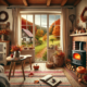 **Bildbeschreibung:** Das Bild zeigt ein einladendes, herbstlich dekoriertes Wohnzimmer in einer ländlichen Ferienwohnung. Ein Kamin mit sanftem Feuer verbreitet eine warme Atmosphäre, und rustikale Möbel, darunter ein bequemer Sessel und ein Holztisch, verstärken das gemütliche Ambiente. Durch das Fenster ist eine herbstliche Landschaft sichtbar, in der bunte Blätter den Boden bedecken und ein Pfad in nahegelegene Wälder führt. Auf dem Tisch steht ein kleiner Kürbis, der einen Hauch von Halloween-Dekor hinzufügt. **Alt-Text:** Gemütliches Wohnzimmer in einer ländlichen Ferienwohnung im Herbst mit Kamin, rustikalen Möbeln und Blick auf bunte Herbstlandschaft durch das Fenster.