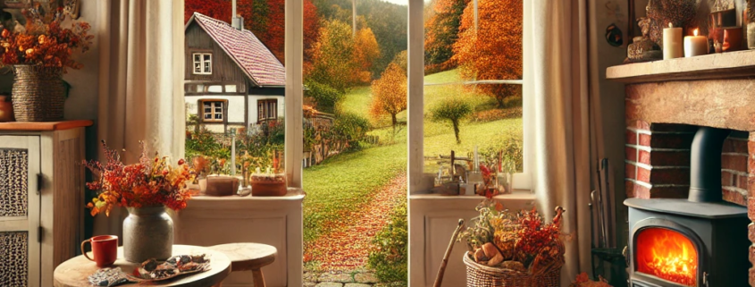 **Bildbeschreibung:** Das Bild zeigt ein einladendes, herbstlich dekoriertes Wohnzimmer in einer ländlichen Ferienwohnung. Ein Kamin mit sanftem Feuer verbreitet eine warme Atmosphäre, und rustikale Möbel, darunter ein bequemer Sessel und ein Holztisch, verstärken das gemütliche Ambiente. Durch das Fenster ist eine herbstliche Landschaft sichtbar, in der bunte Blätter den Boden bedecken und ein Pfad in nahegelegene Wälder führt. Auf dem Tisch steht ein kleiner Kürbis, der einen Hauch von Halloween-Dekor hinzufügt. **Alt-Text:** Gemütliches Wohnzimmer in einer ländlichen Ferienwohnung im Herbst mit Kamin, rustikalen Möbeln und Blick auf bunte Herbstlandschaft durch das Fenster.