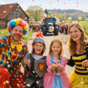 Familie im Karnevalskostüm beim Umzug nahe Hopsten im Tecklenburger Land