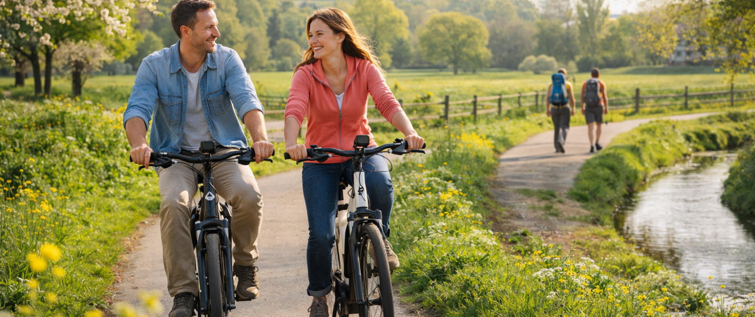 Paar fährt im Frühling mit E-Bikes auf einem Radweg bei Hopsten im Tecklenburger Land
