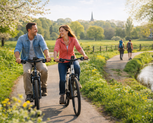 Paar fährt im Frühling mit E-Bikes auf einem Radweg bei Hopsten im Tecklenburger Land