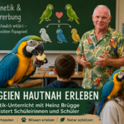 Ara-Dame Daisy begeistert Schülerinnen und Schüler beim Genetik-Unterricht mit Heinz Brügge auf dem Erlebnishof Brügge.