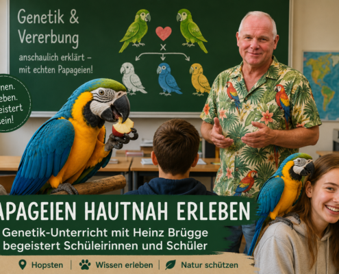 Ara-Dame Daisy begeistert Schülerinnen und Schüler beim Genetik-Unterricht mit Heinz Brügge auf dem Erlebnishof Brügge.