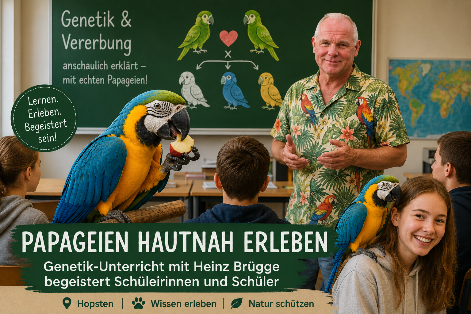 papagei-genetikunterricht-heinz-bruegge-hopsten Ara-Dame Daisy begeistert Schülerinnen und Schüler beim Genetik-Unterricht mit Heinz Brügge auf dem Erlebnishof Brügge.